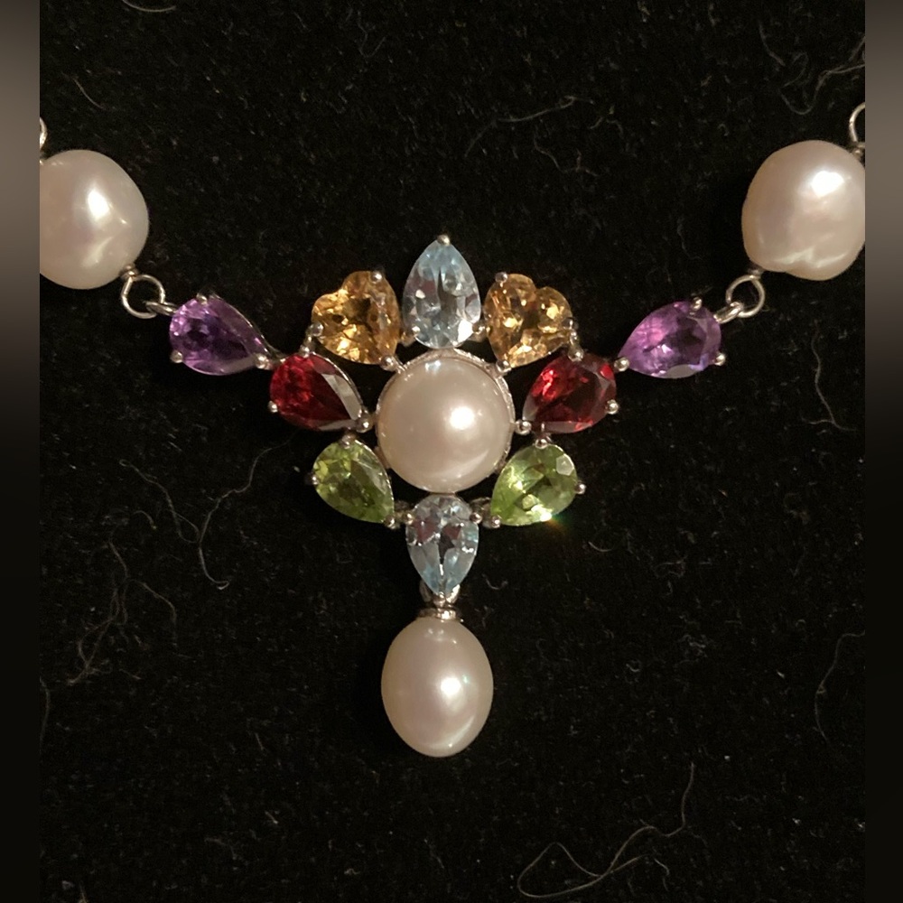Gorgeous Sterling Silver, Pearl and Gemstone statement necklace